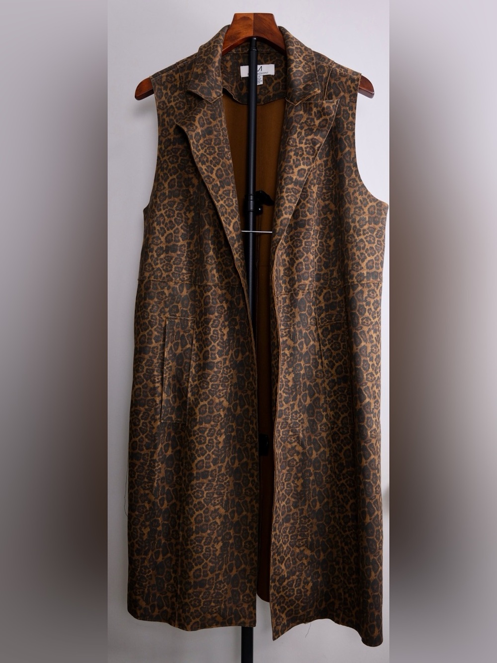 Magaschoni Leopard Print Faux Suede Long Vest Duster Jacket Size Large